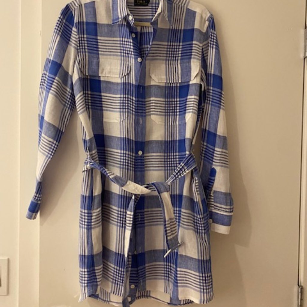 New Blue And White Plaid Polo Ralph Lauren Linen Shirt Mini Dress